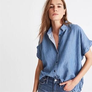 Madewell Indigo Ruffle Side Cotton Linen Boxy Shirt -
Size XS